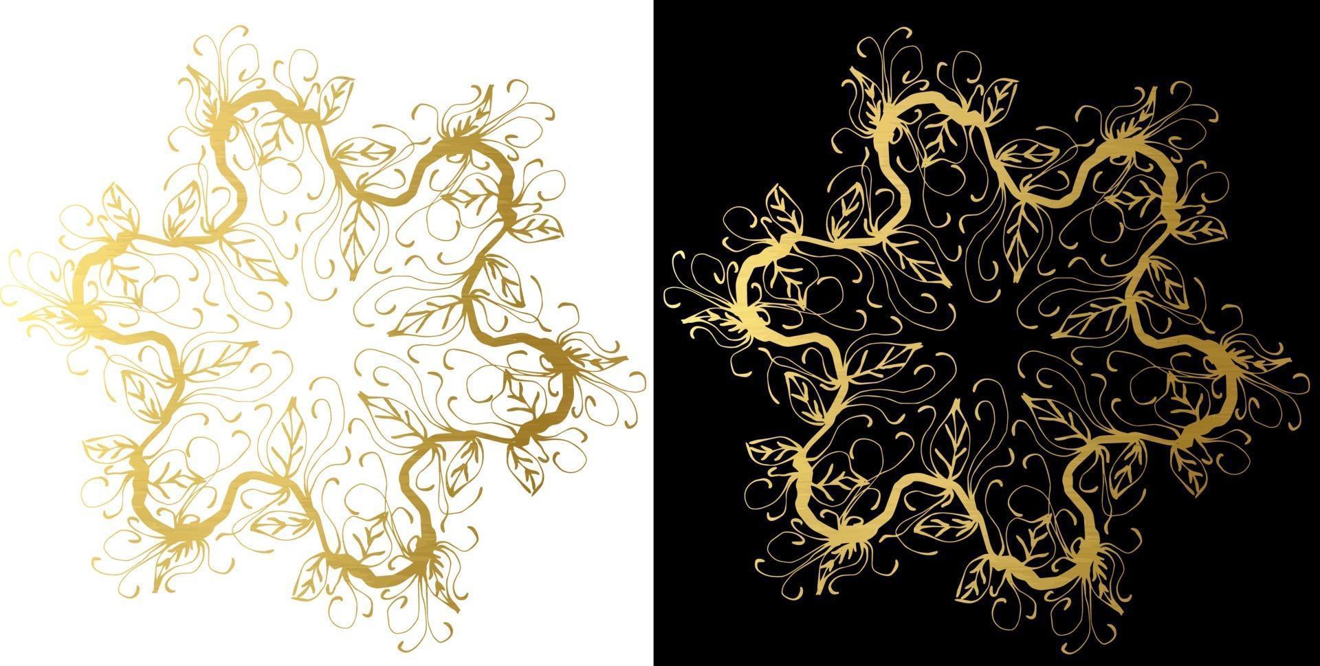 goldene Kränze aus Zweigen mit Blättern auf schwarzem und weißem Hintergrund. Vektor isolierte Kontur dekorativer wellenförmiger Kranz für Rahmenhochzeitseinladungen und Grußkarten