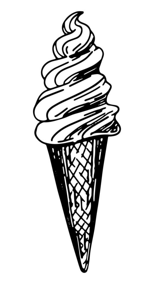 Eis Sahne Kegel Clip Art. Single Gekritzel von Sommer- Süss Essen isoliert auf Weiß. Hand gezeichnet Vektor Illustration im Gravur Stil.