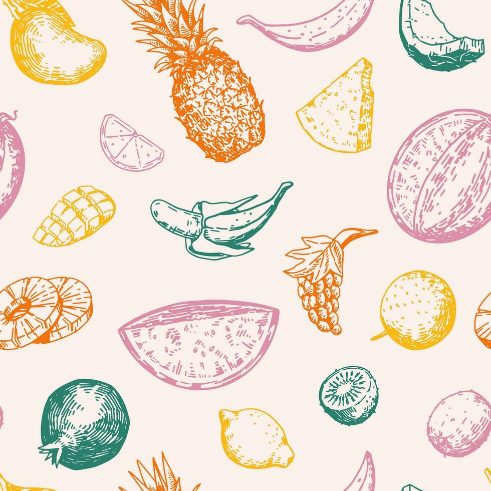 tropisch Früchte hell Vektor nahtlos Muster. Hand gezeichnet Ananas, Wassermelone, Granatapfel, Banane, Mango, Trauben, Zitrus, Kiwi. abstrakt Gliederung Ornament im retro Stil.