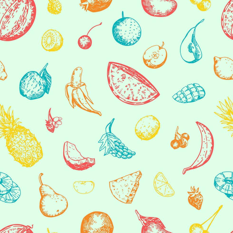 Sommer- Früchte und Beeren Vektor nahtlos Muster. Hand gezeichnet Ananas, Wassermelone, Granatapfel, Banane, Mango, Trauben, Zitrus, Apfel, Birnen, Kirsche. abstrakt Ornament im retro Stil.