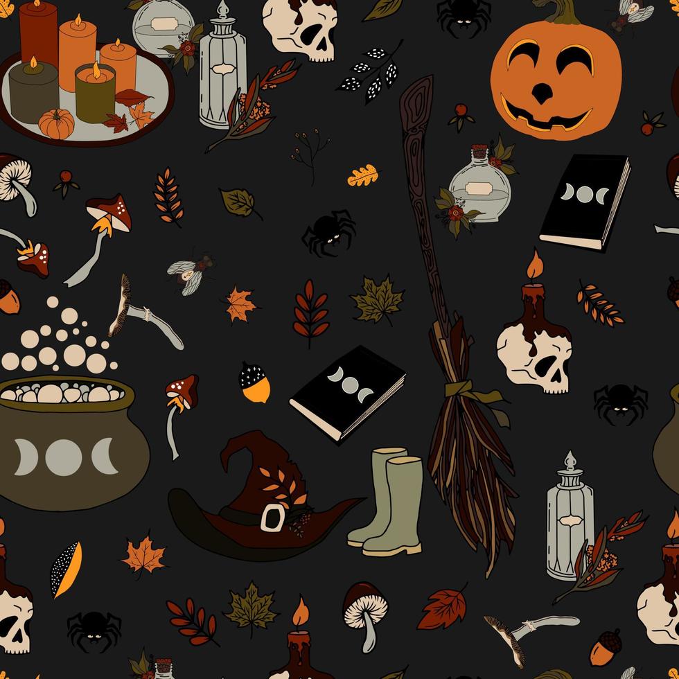 Vektor nahtlose Muster Halloween-Eps. Doodle-Trank und Wicca-Symbole, Kürbis und Schädel, Pilze und Herbstblätter