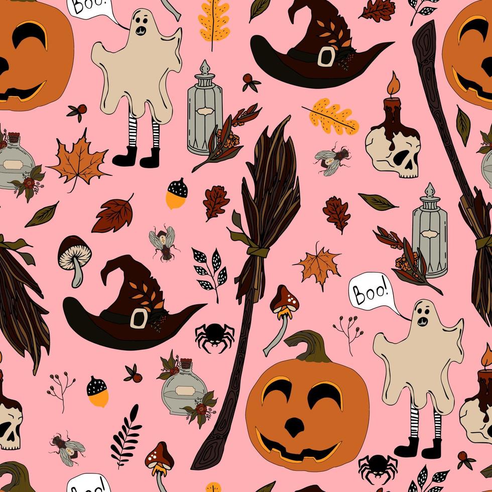 vektor sömlösa mönster halloween eps. doodle potion och wiccan symboler, pumpa och skalle, svamp och höstlöv