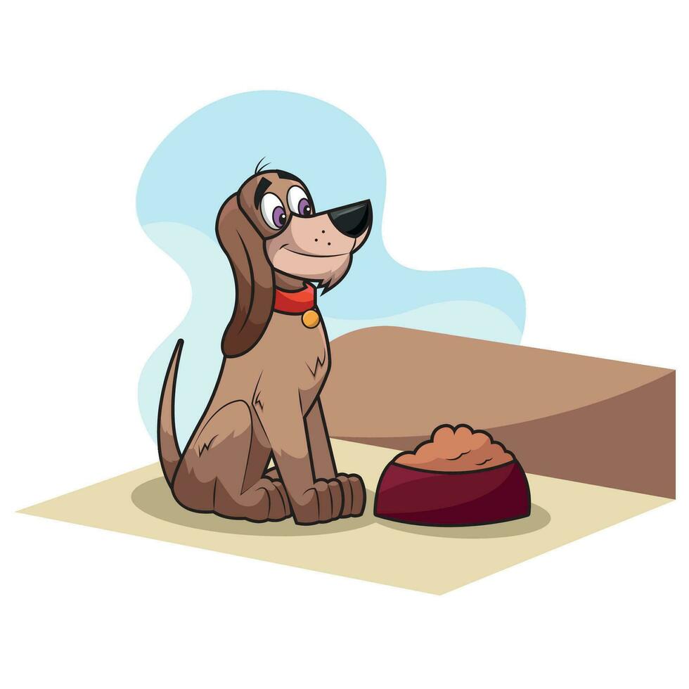 isolerat söt Lycklig hund karaktär med hund mat vektor illustration