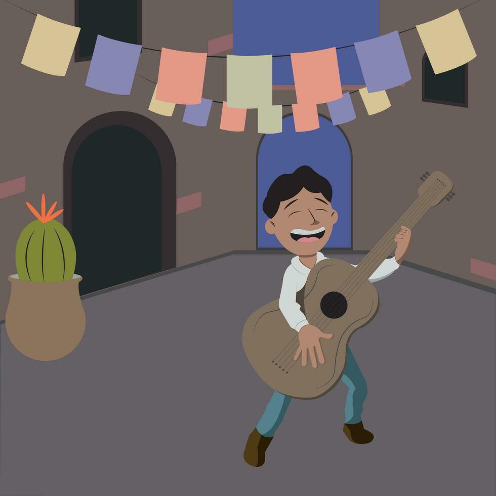 Lycklig manlig tecknad serie spelar en gitarr cinco de mayo vektor illustration