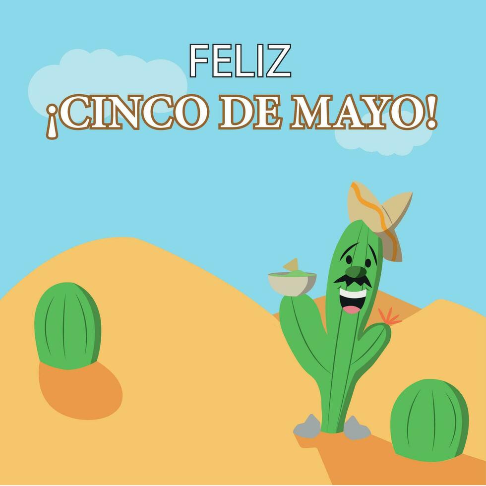 Lycklig kaktus tecknad serie karaktär med mexikansk hatt på en efterrätt cinco de mayo vektor illustration