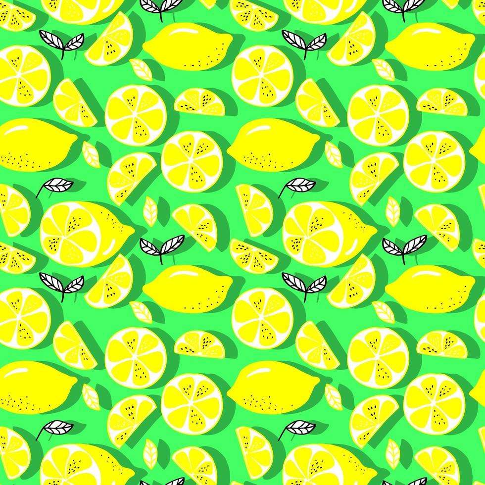 vektor sömlösa mönster citroner och skivade citroner på en bakgrund. sommar citronmönster för bakgrund, tyg, papper, textil, inbjudningar, webbsidor.