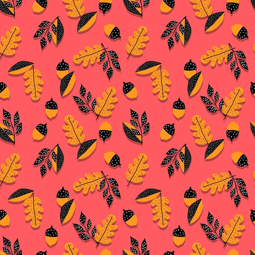 vektor sömlösa mönster ekollon, grenar ek med blad. botanisk skog svart gul illustration. bakgrund, tapeter, tyg, textil, förpackningar, papper
