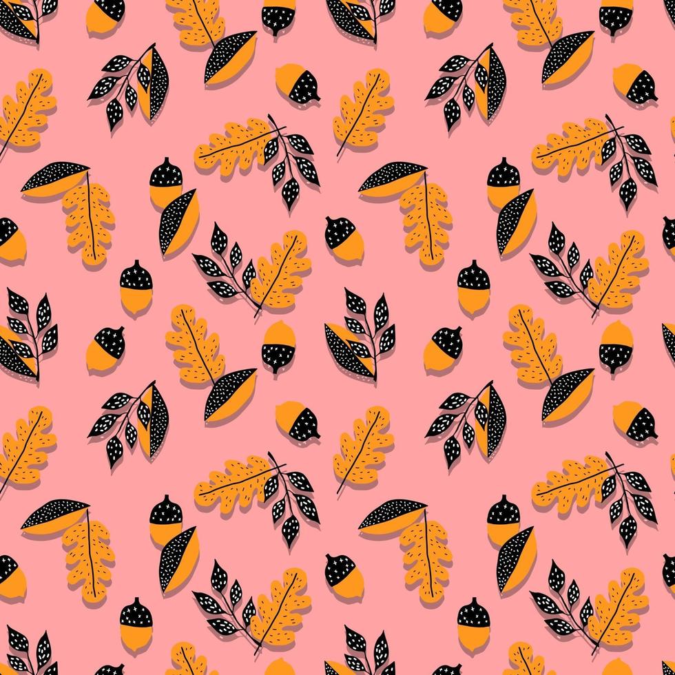 vektor sömlösa mönster ekollon, grenar ek med blad. botanisk skog svart gul illustration. bakgrund, tapeter, tyg, textil, förpackningar, papper