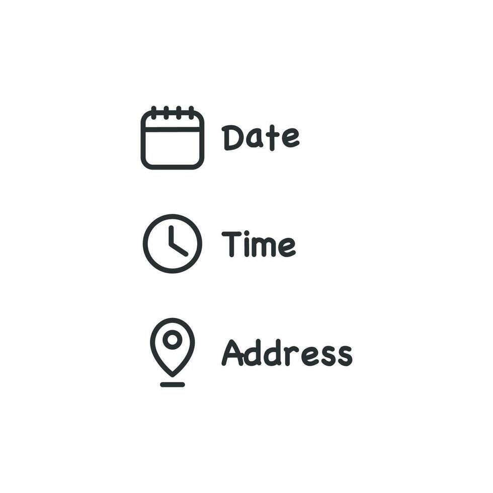 Datum und Zeit Ort Adresse Symbol. Kalender, Uhr, Ort Illustration Symbol. Zeichen Veranstaltung Daten Vektor