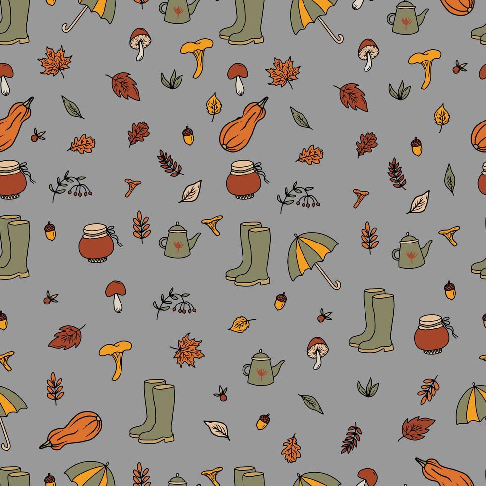 Vektor-Set von handgezeichneten Doodle-Herbst-Illustrationen. Erntedankfest. Einladungsbanner für die Herbstparty. Happy Thanksgiving-Kartendekor. Regenschirm, Stiefel, Pilze und Blätter vektor