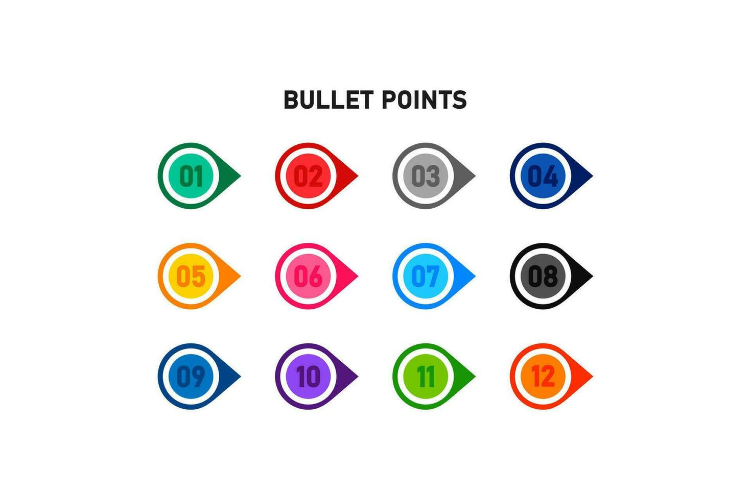 siffra kula punkt färgrik ikon uppsättning. markörer 1 till 12 illustration symbol. tecken cirkel siffra kula punkt vektor
