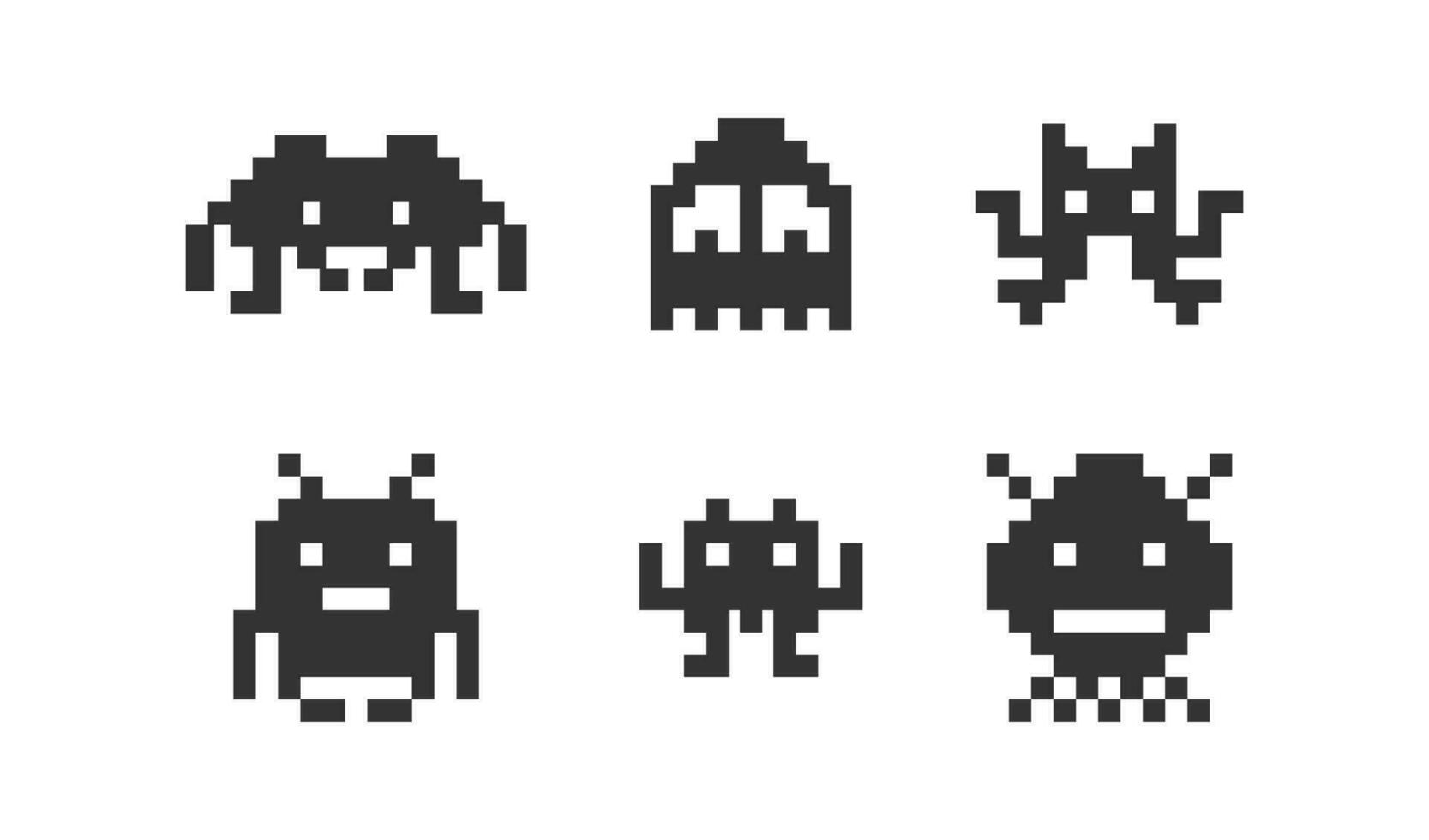 pixel monster spel ikoner uppsättning. 8 bit Plats utomjording illustration symbol. inkräktare vektor platt