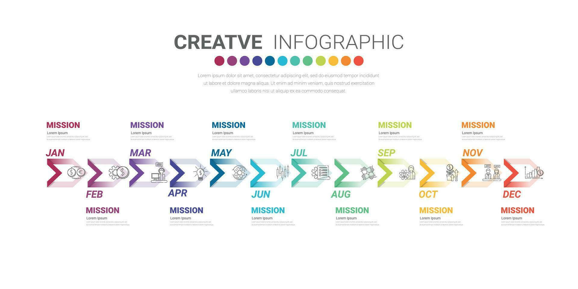 Årsplanerare, 12 månader, 1 år, tidslinje infographics design vektor och presentationsverksamhet kan användas för affärsidé med 12 alternativ, steg eller processer.