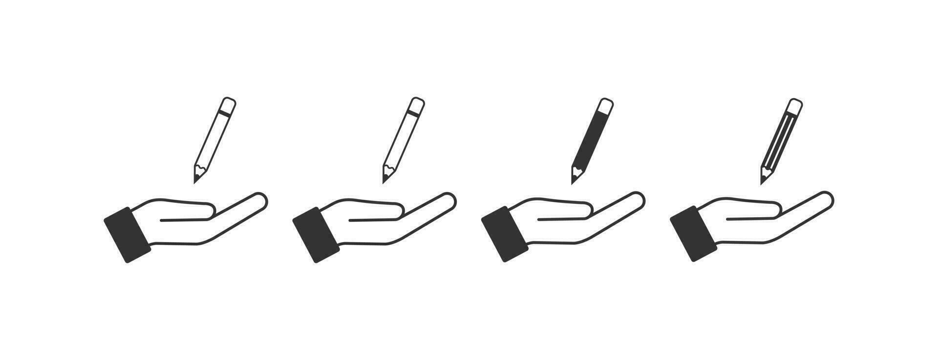 öppen handflatan och penna ikon. hand och skola verktyg symbol. tecken erbjudande skriva ner vektor. vektor