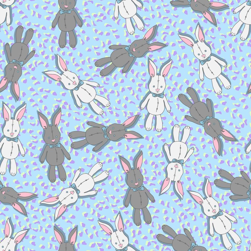 Vektor nahtlose Muster weiße und graue Kaninchen Puppenspielzeug mit Schleifen und Augen mit Knöpfen auf einem Hintergrund von farbigen Flecken. Hintergrund für Kinderzimmer, Kindersachen, Stoffe, Drucke.