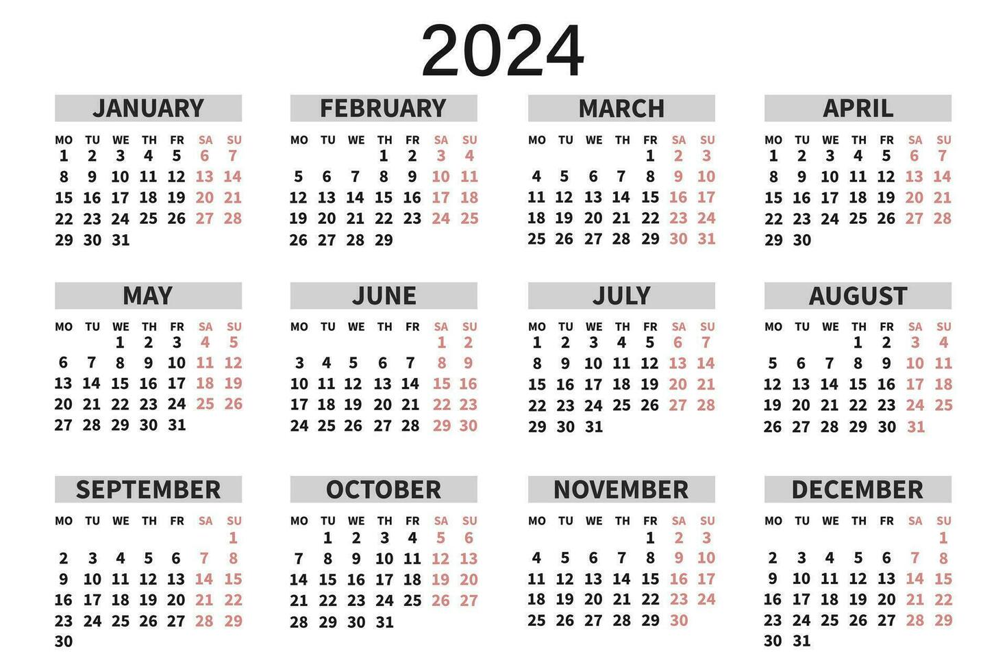 klassisch horizontal Kalender 2024 im Englisch. Tage, Wochen und Monate. drucken, Vektor