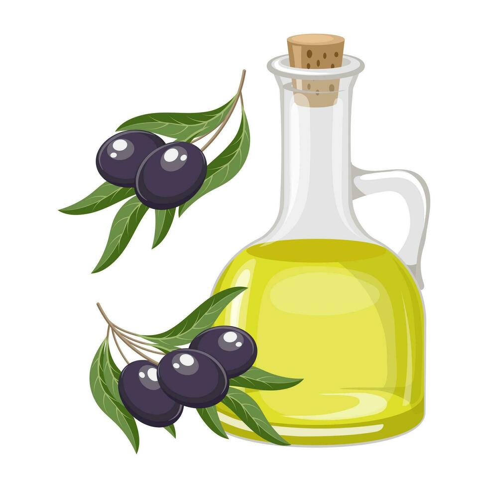oliv olja och kvistar med oliver och löv. mat illustration, vektor