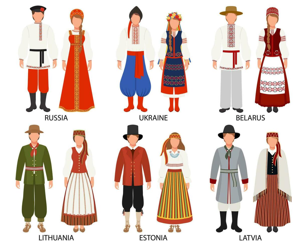 ein einstellen von Paare im Volk Kostüme von europäisch Länder. Russland, Ukraine, Weißrussland, Lettland, Litauen, Estland. Kultur und Traditionen. Illustration, Vektor