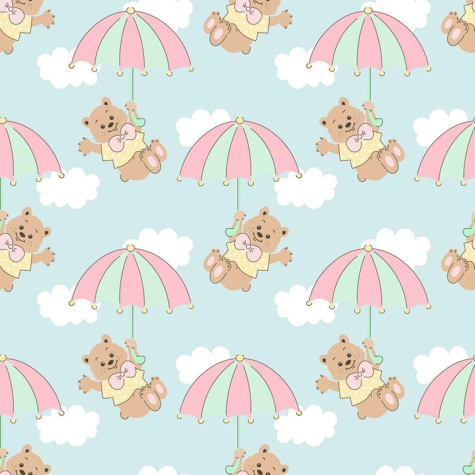 sömlös mönster, söt tecknad serie björnar flygande på ett paraply i de himmel med moln. bebis bakgrund, skriva ut, textil, vektor
