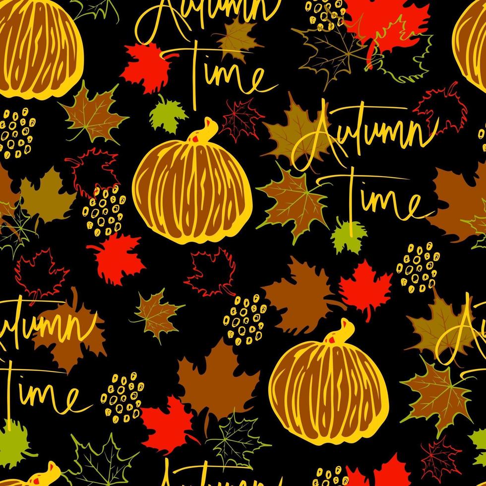 Vektor nahtlose Muster Herbstlaub und Kürbis mit Schriftzug Herbstzeit Hintergrund. Herbst ClipArt handbemalt, isoliert. Halloween-Kürbis. für Einladungen, Grußkarten, Druck, Banner