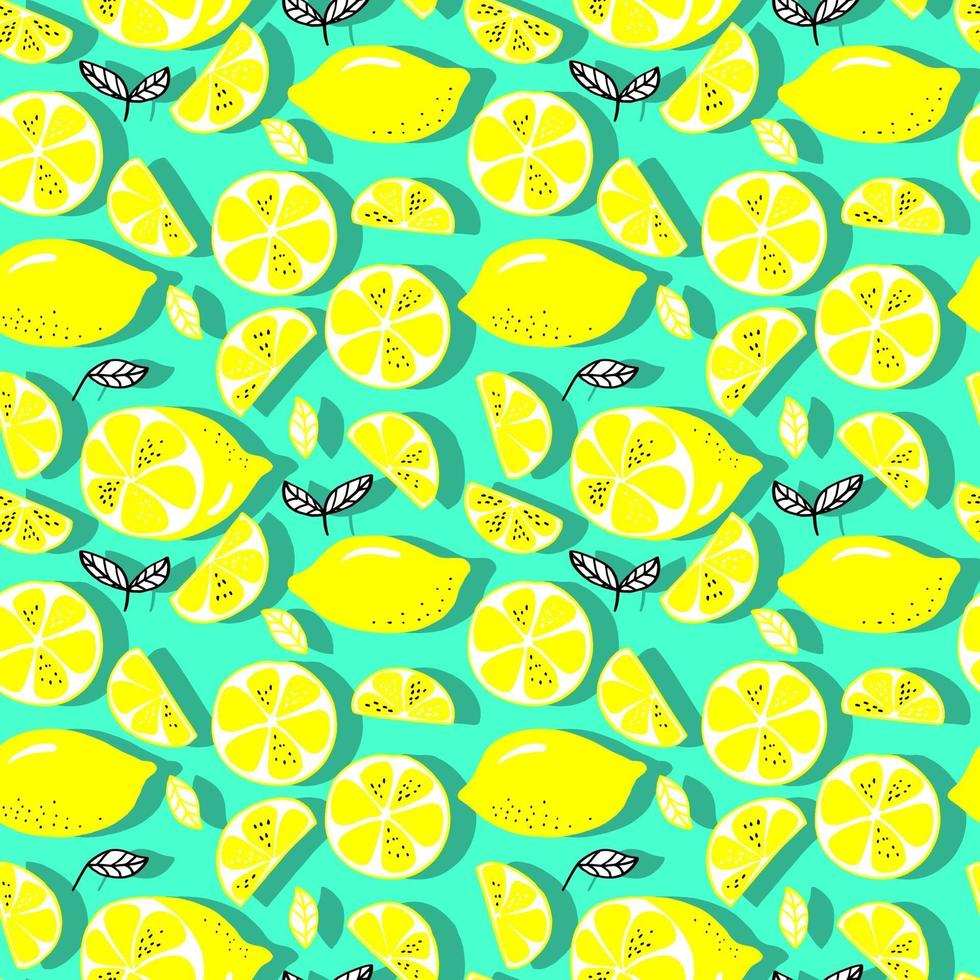 Vektor nahtlose Muster Zitronen und Zitronenscheiben auf einem Hintergrund. Sommerzitronenmuster für Hintergrund, Stoff, Papier, Textilien, Einladungen, Webseiten.