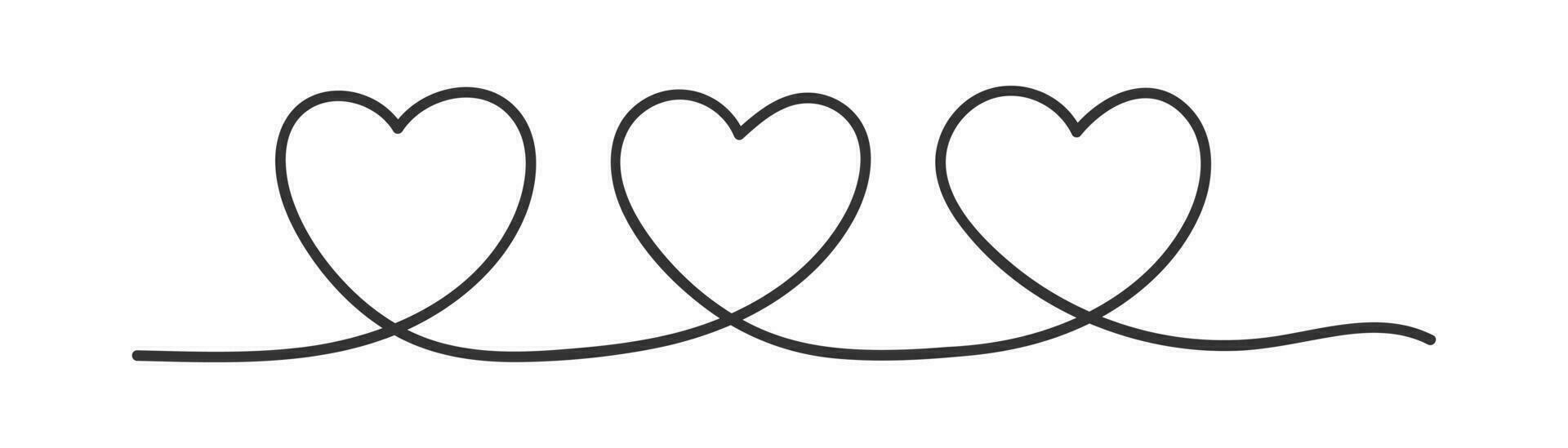 kontinuerlig linje av tre hjärta ikon. kärlek begrepp symbol. sygn valentyne vektor. vektor