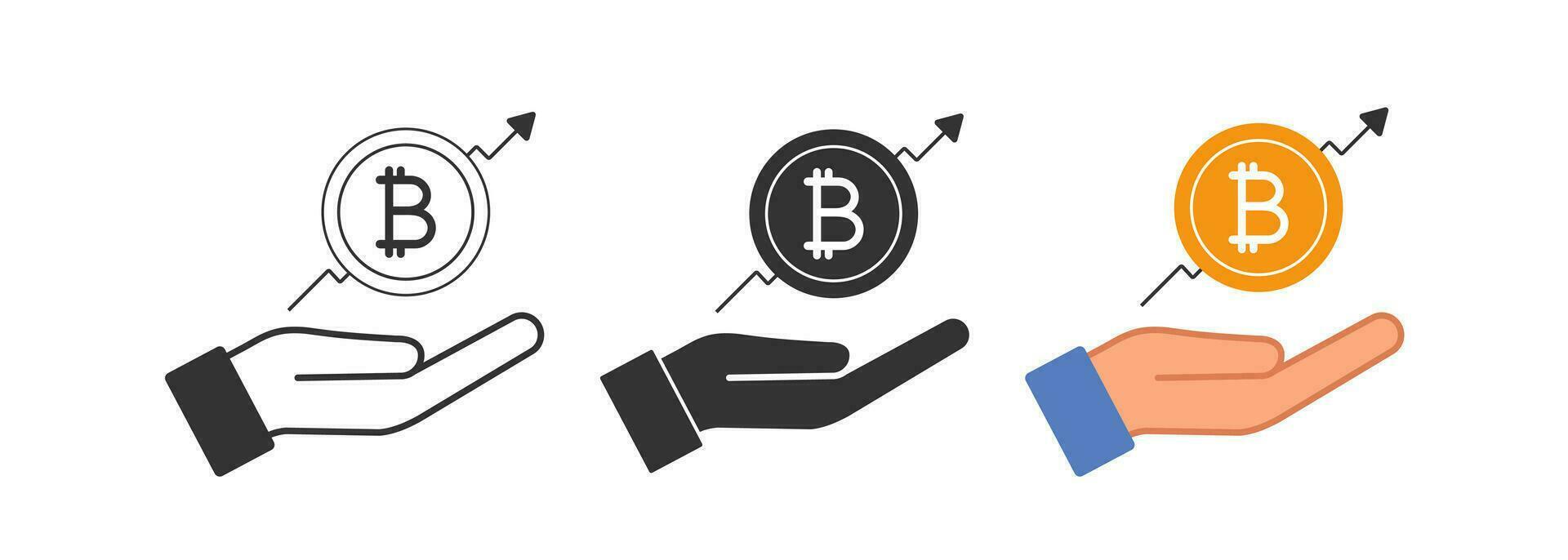 bitcoin Graf upp ett öppen handflatan ikon. erbjudande Diagram företag symbol. tecken finansiellt grafisk och hand vektor. vektor