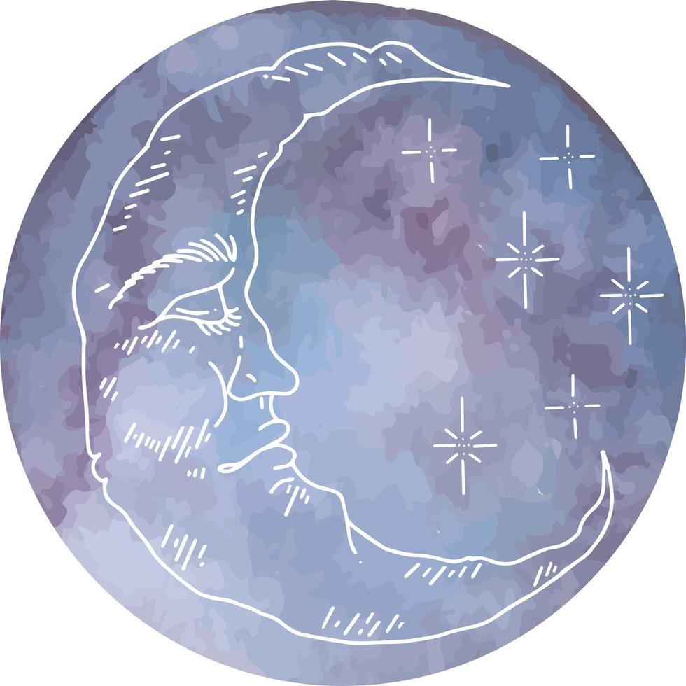 vektorgrafik över moln och stjärnor med akvarellmåne. isolerade vektor illustration teckenuppsättning. grafisk halvmåne med ansikte, handritad i gravyrstil. astrologi, alkemi och magisk symbol.