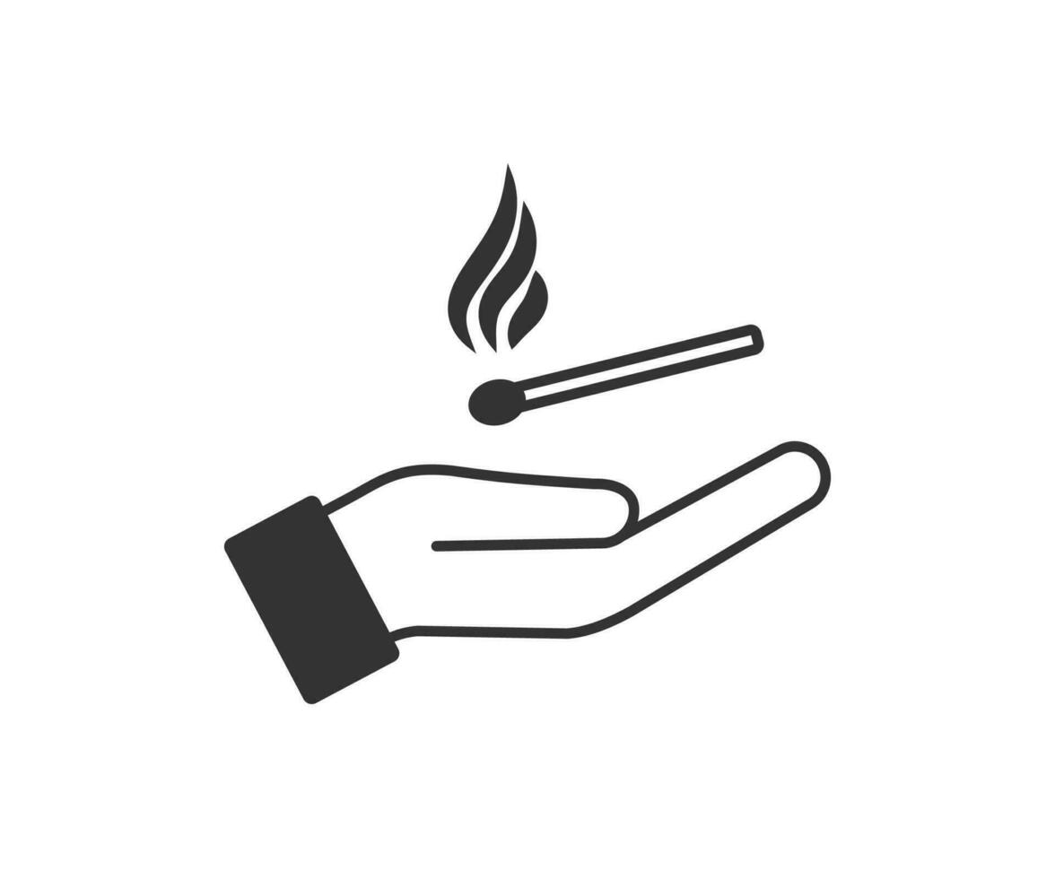 brinnande match på ett öppen hand ikon. ge brand symbol. tecken ha kvar de flamma vektor. vektor