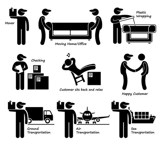 Umzugsdienstleistungen Umzug Haus Büro Waren Logistik Strichmännchen Piktogramm Symbol. vektor