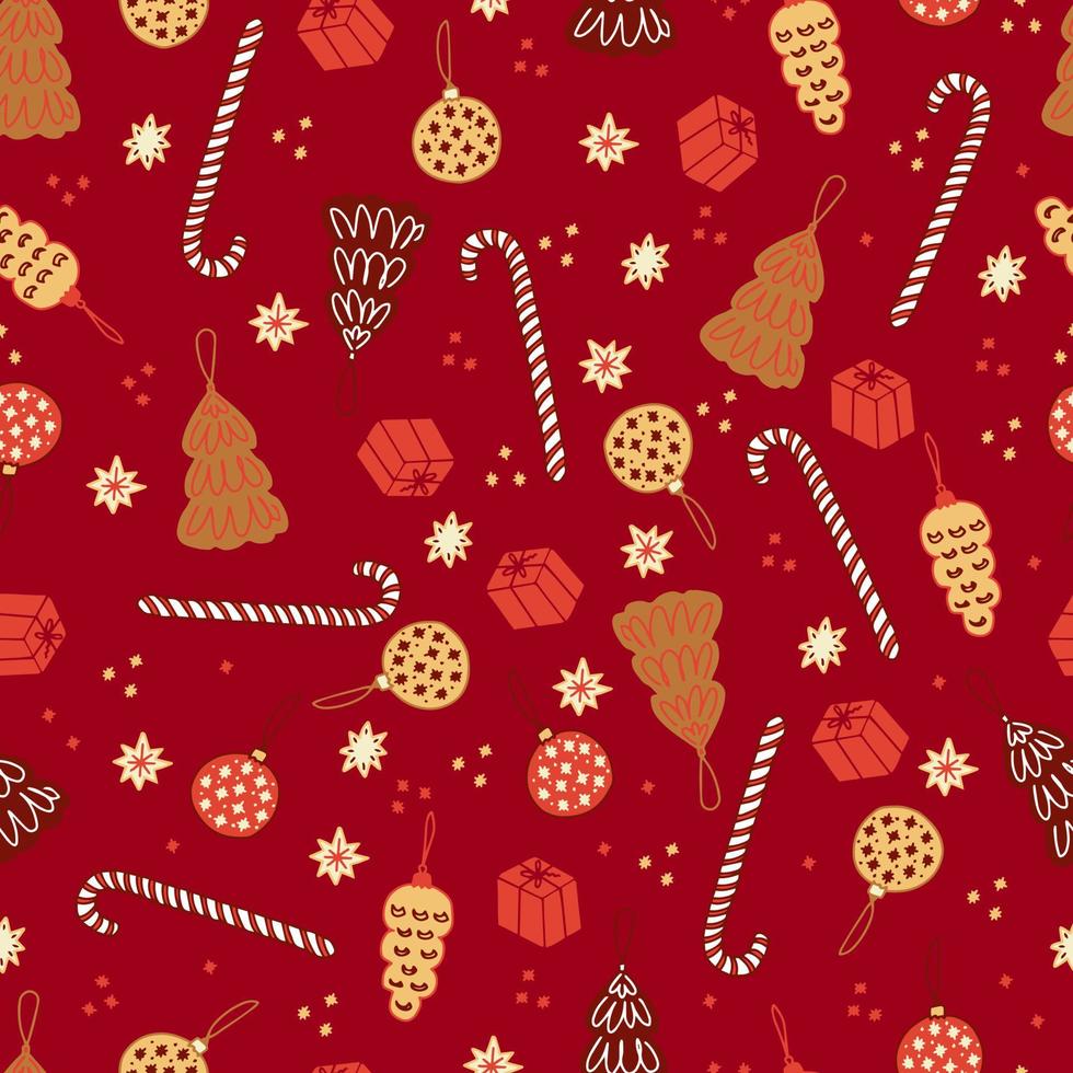 Weihnachten Lebkuchen und Gebäck in Form von Tannen und Weihnachtskugeln gestreifte Lutscher Stöcke und Sterne Vektor nahtlose Muster. isolierte Süßigkeiten für das neue Jahr. Winter Hintergrund