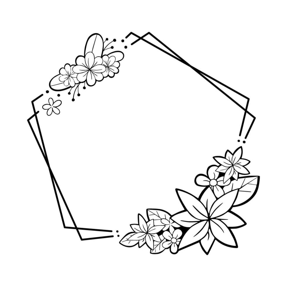 schwarz Linie Blumen Blätter zwei Pentagon rahmen. Vektor Illustration zum Dekoration Logo, Text, Gruß Karten und irgendein Design.