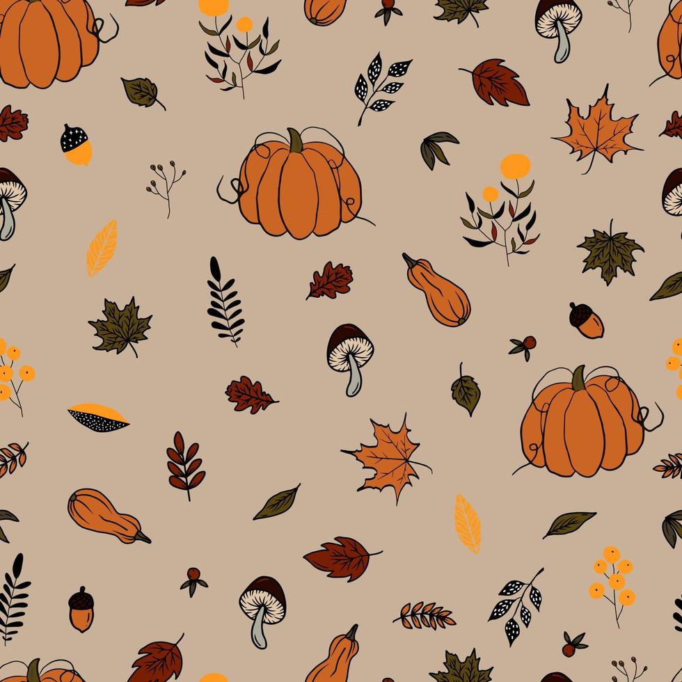 Vektor nahtlose Muster Herbstlaub und Kürbis Herbst Hintergrund. Herbst ClipArt handbemalt, isoliert. Halloween-Kürbis. für Einladungen, Grußkarten, Druck, Banner