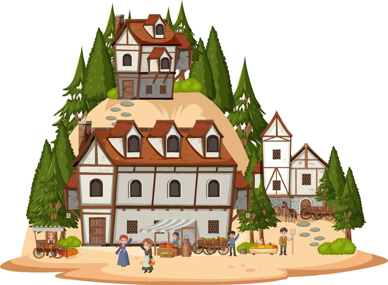 mittelalterliches Dorf mit Dorfbewohnern auf weißem Hintergrund vektor