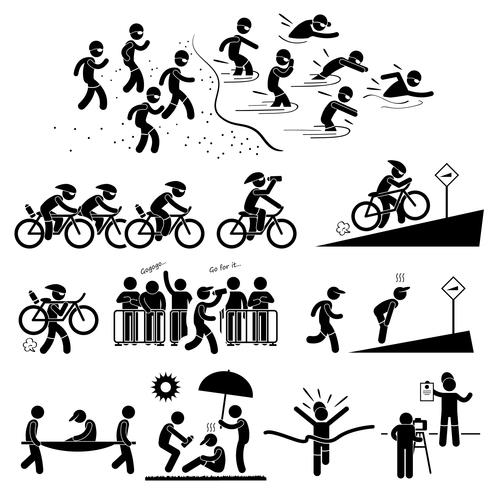 Triathlon Marathon Simning Cykling Sport Running Stick Figur Pictogram Ikon Symbol. vektor