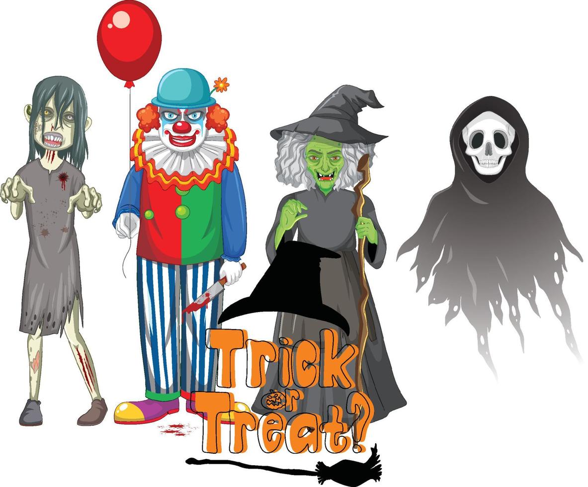 trick or treat text design med halloween spökkaraktärer vektor