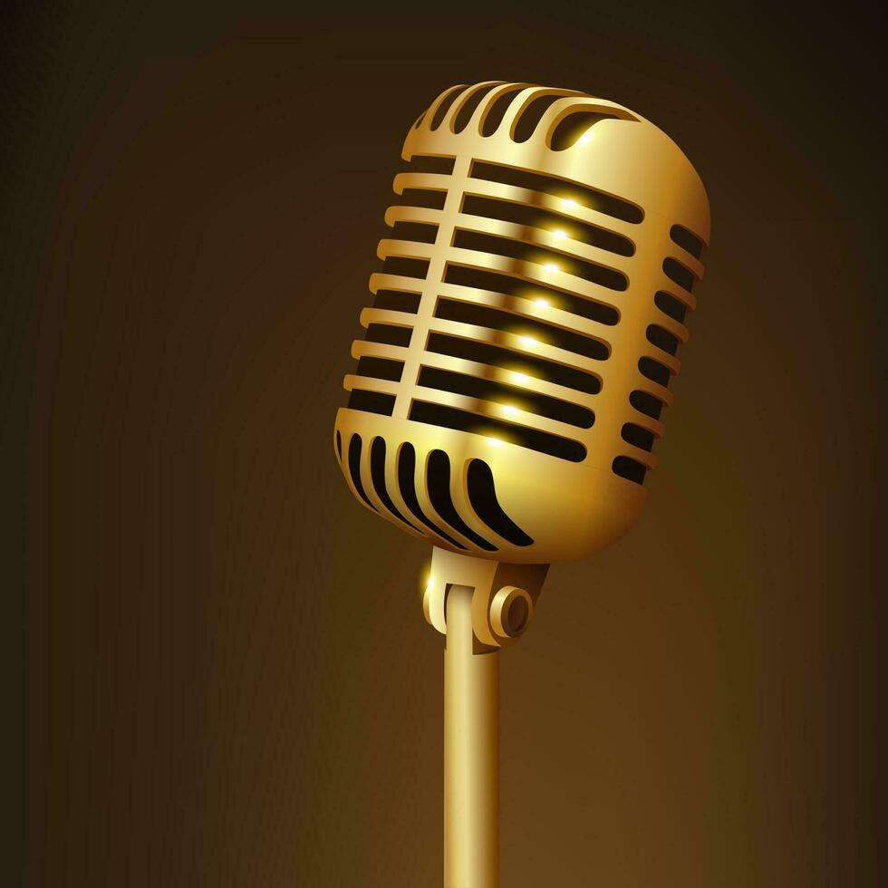 Jahrgang golden Studio Mikrofon isoliert auf dunkel Hintergrund, Vektor Illustration