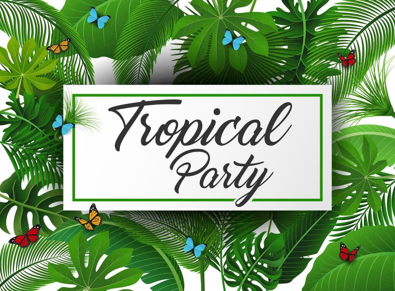 tropisch Party Zeichen mit tropisch Blätter und Schmetterlinge. geeignet zum Sommer- Konzept, Urlaub, und Sommer- Urlaub, Vektor Illustration
