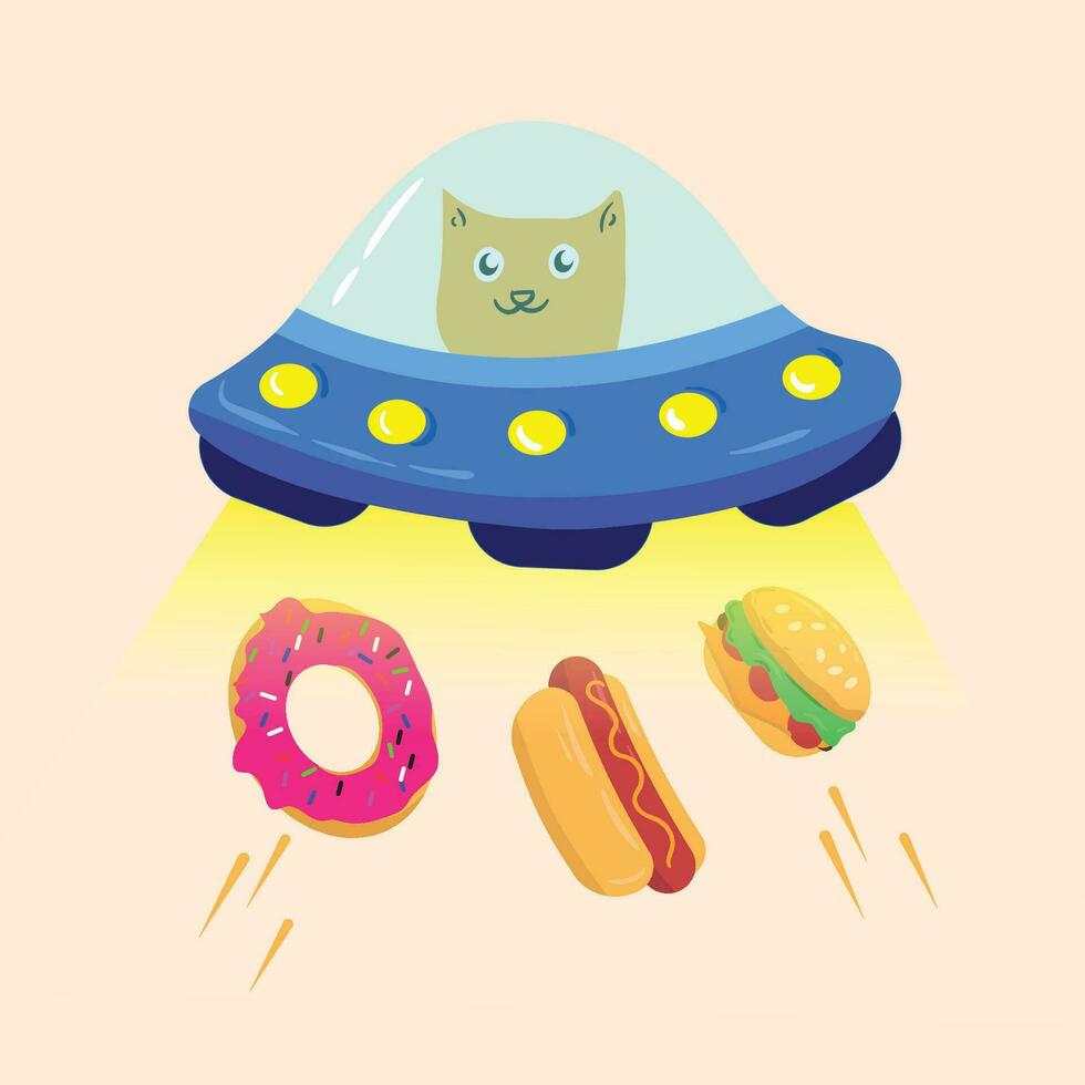 Vektor süß Katze fliegend mit UFO fangen Essen, Burger, Hotdog, Krapfen. Karikatur Vektor Symbol Illustration