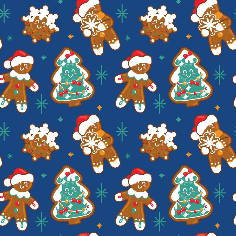 pepparkaka man och Övrig traditionell jul småkakor. sömlös mönster på en blå bakgrund. vektor. vektor