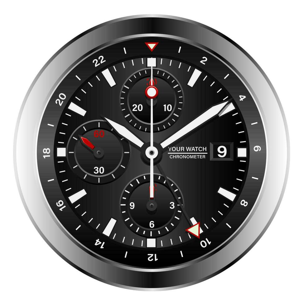 realistisch schwarz Silber schwarz Uhr Uhr Gesicht Chronograph rot Pfeil Weiß Nummer Luxus isoliert Hintergrund Vektor
