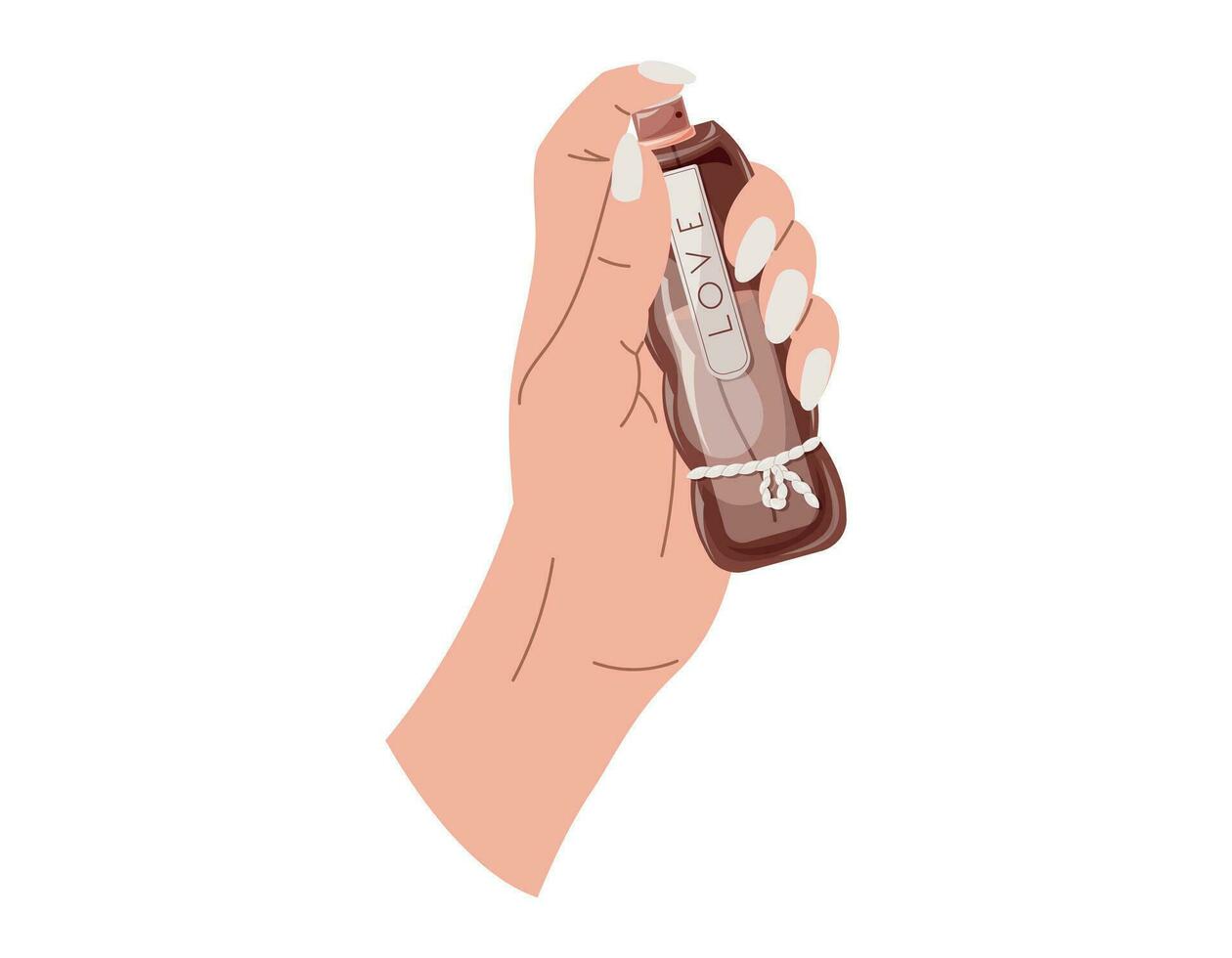elegant weiblich Hände mit Maniküre halten ein Glas Flasche von Parfüm. Vektor isoliert Mode Illustration, duftend Eau de Parfüm.