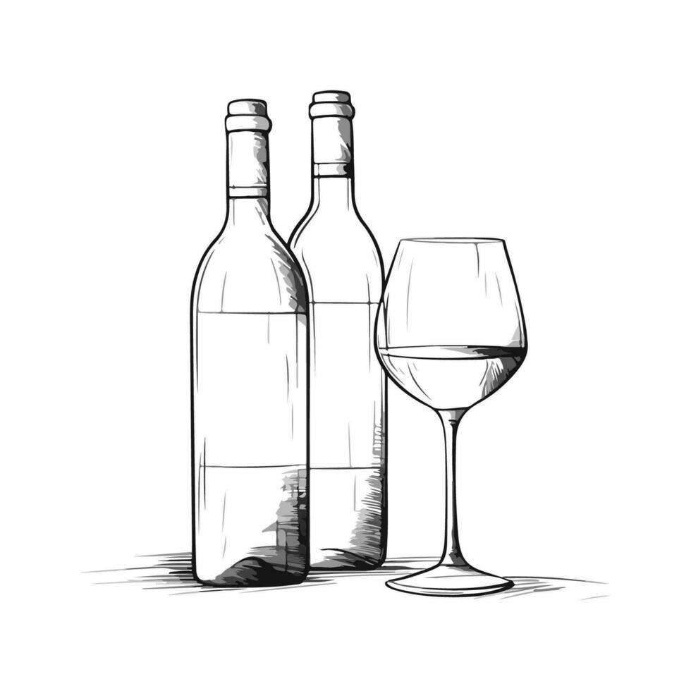 två flaskor och en glas av vin illustration, enkel skiss, silhuett på vit bakgrund, klotter minimalistisk stil vektor