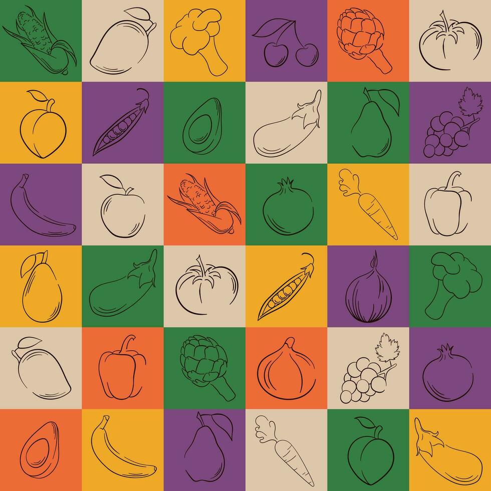 Obst und Gemüse geometrisch nahtlos Muster. Essen Hintergrund im Linie Kunst, Hand gezeichnet Stil. Früchte und Gemüse vereinbart worden im Quadrat. Vektor Illustration.
