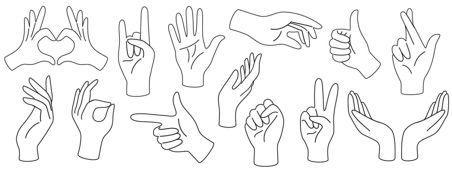 uppsättning av händer dragen med svart kontur rader stil mänsklig vapen. vektor annorlunda man kvinna händer som visar tecken. icke-verbalt eller manuell kommunikation, kropp språk. svartvit illustration