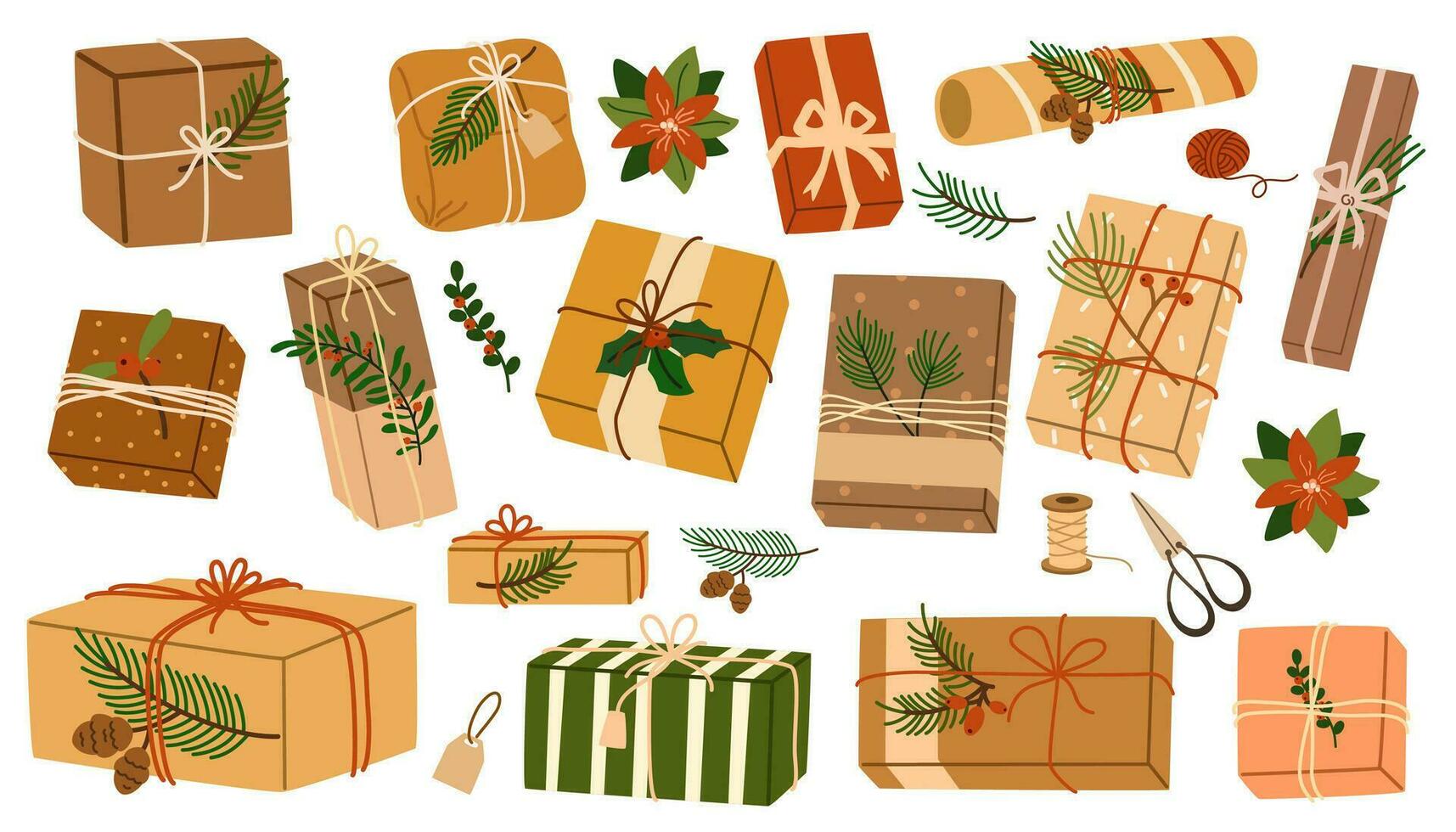 jul gåvor i kraft papper uppsättning. gåva lådor diy rustik närvarande lådor i hantverk omslag med snöre bågar och grenar, xmas kransar, kuvert. platt vektor illustrationer isolerat på vit bakgrund