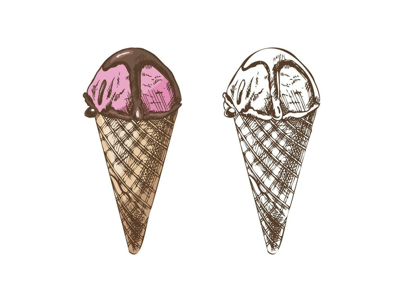 handgemalt farbig und einfarbig skizzieren einstellen von Waffel Zapfen mit Eis Sahne mit Schokolade Soße auf oben. Jahrgang Illustration. Element zum Etiketten, Verpackung und Postkarten. vektor