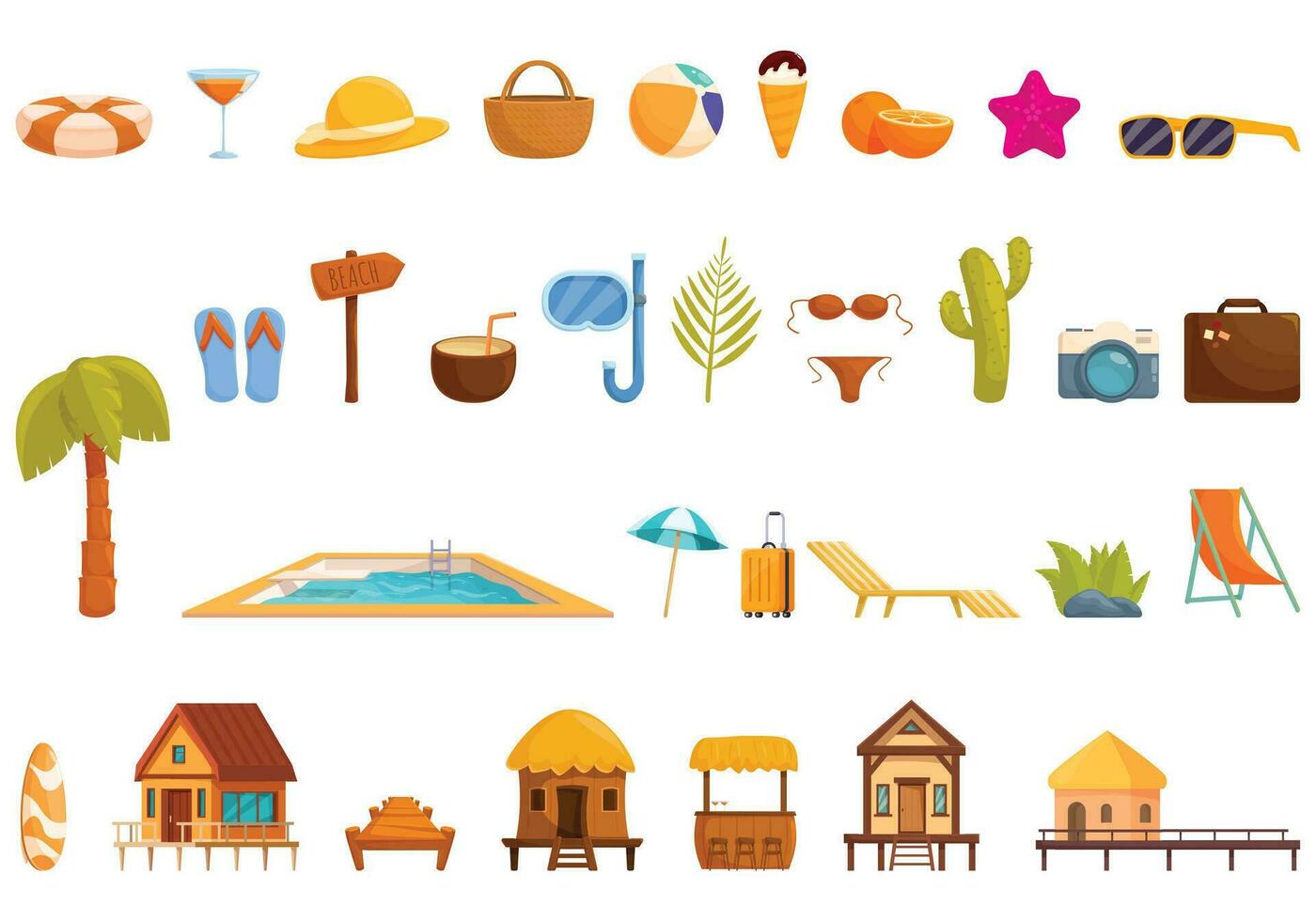 tropisk hotell ikoner uppsättning tecknad serie vektor. hav strand villa vektor