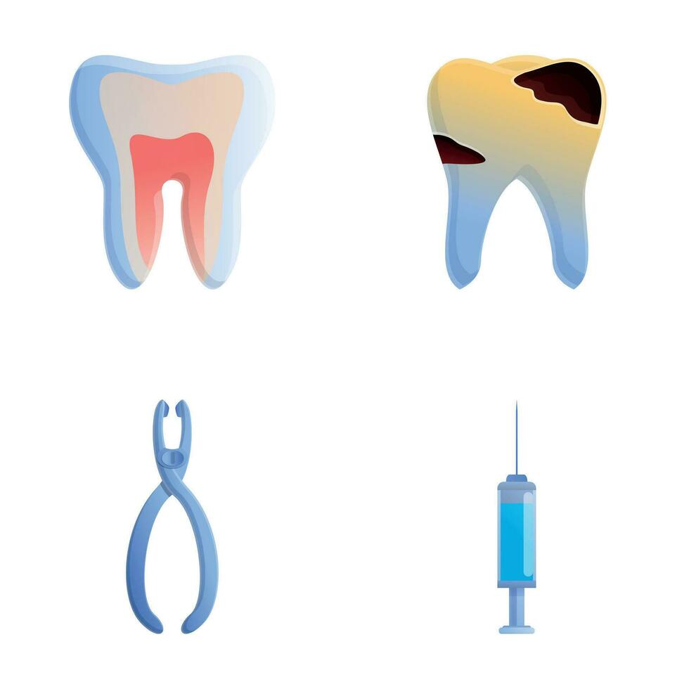 Karies Behandlung Symbole einstellen Karikatur Vektor. Mensch Zahn und Dental Instrument vektor