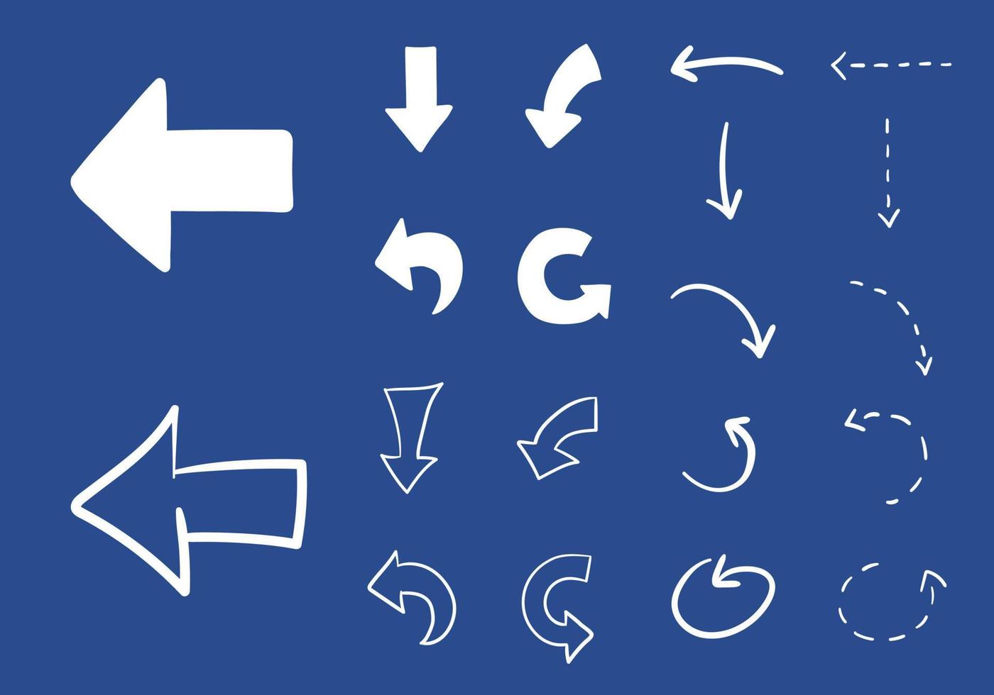 Vektorsammlung von handgezeichneten Richtungspfeilen mit verschiedenen Formen und Formen auf blauem Hintergrund. vektor